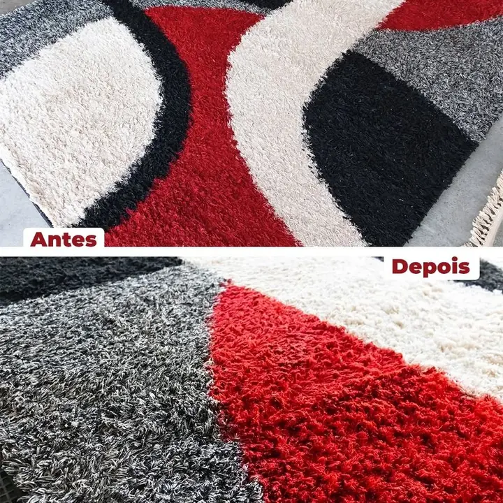 Antes e depois de tapete felpudo vermelho, branco e cinza lavado pela JClean